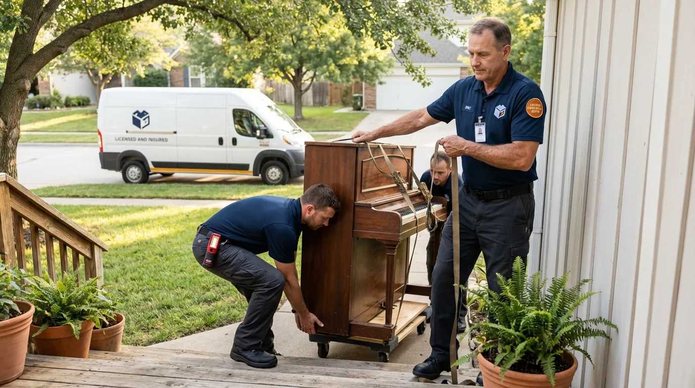 Licensed piano movers securing grand piano in Lonsdale, MN