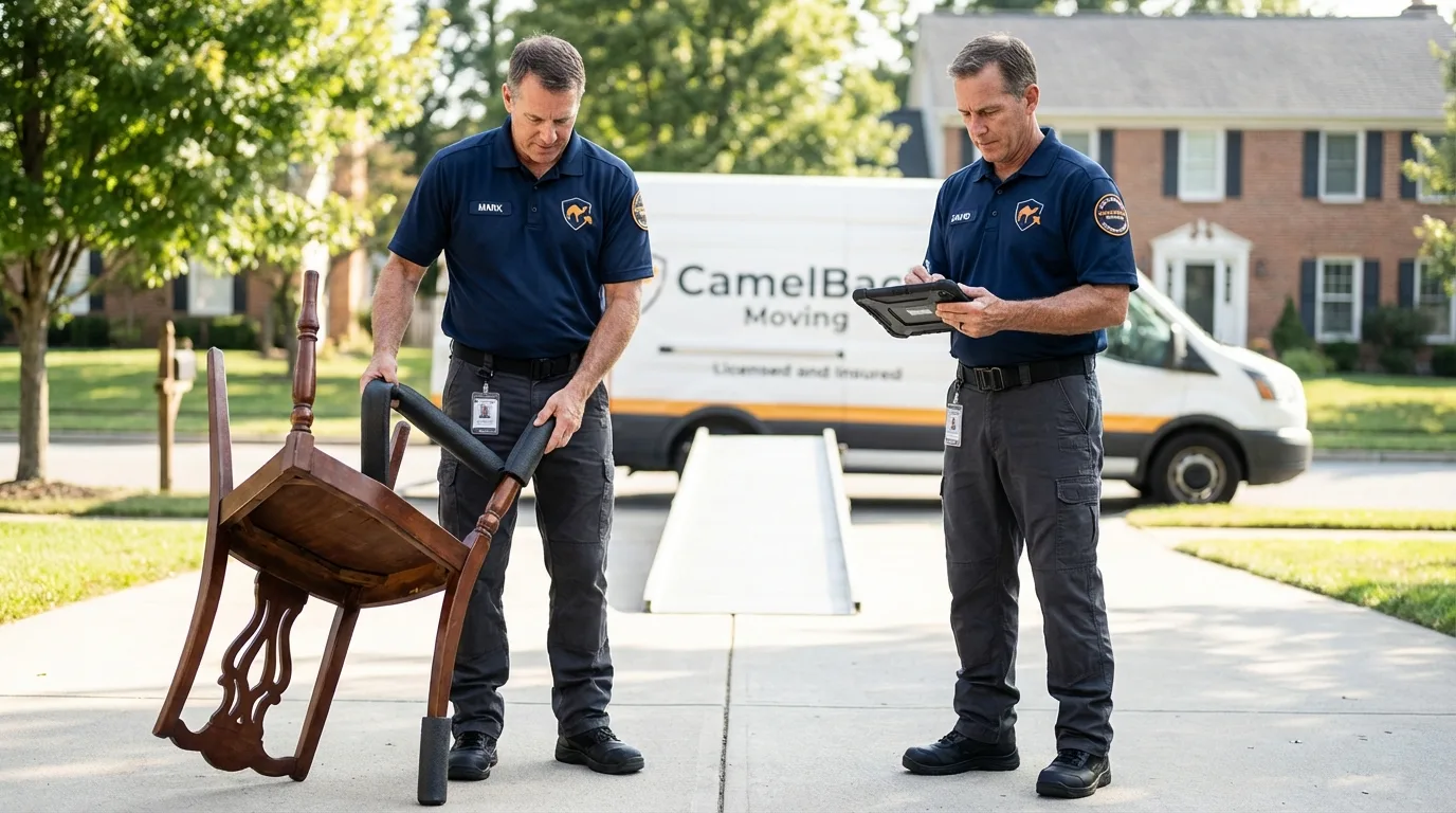 Movers inspecting furniture for damage prevention before loading in Lonsdale, MN