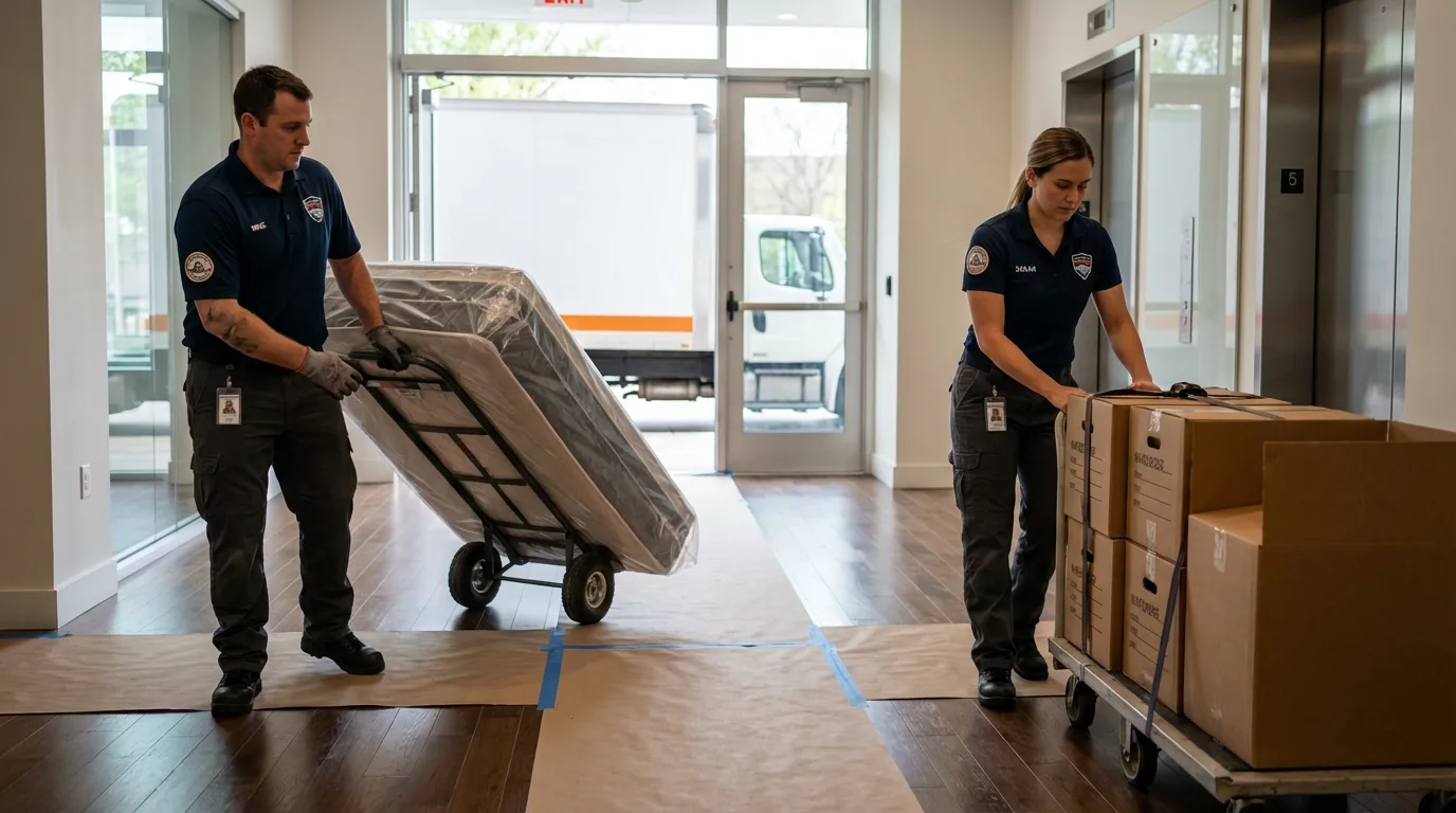 Professional apartment movers loading elevator in Lonsdale, MN