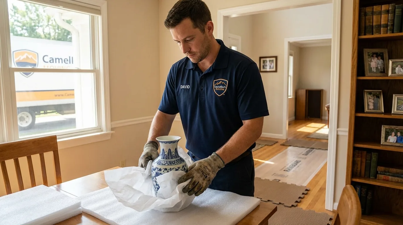 Professional crew carefully wrapping antique vase for senior downsizing move in Lonsdale, MN